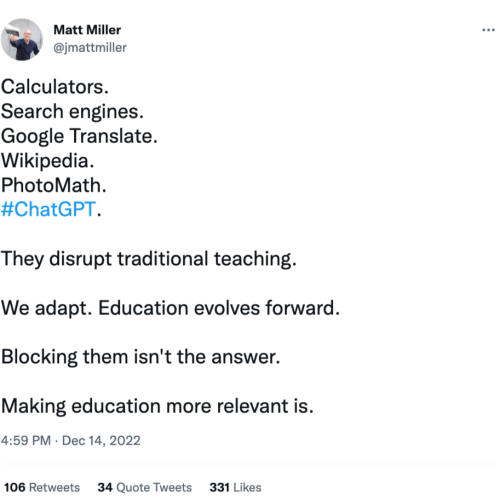 Matt Miller on Twitter_ _Calculators. Search engines. Google Translate. Wikipedia. PhotoMath. #ChatG